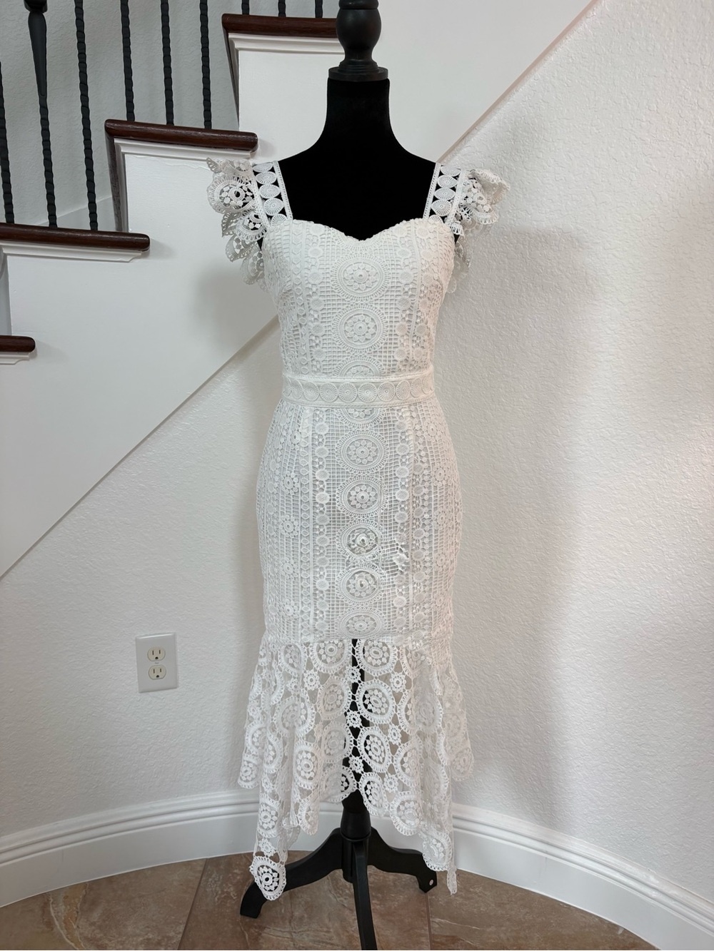 White Lace Midi Dress with Flutter Straps